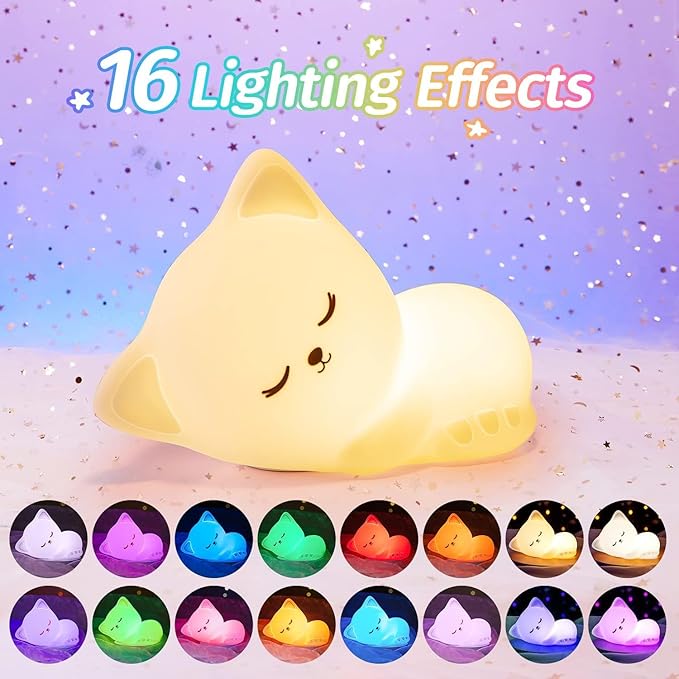 Night Light for Kids,16 Colors Cat Lamp Cute Lamp,Dimmable Baby Night Lights for Nursery,Silicone Rechargeable Nightlight for Kids Room,Kawaii Room Decor,Cat Gifts for Girls Gift for 3-6 Year Old Girl