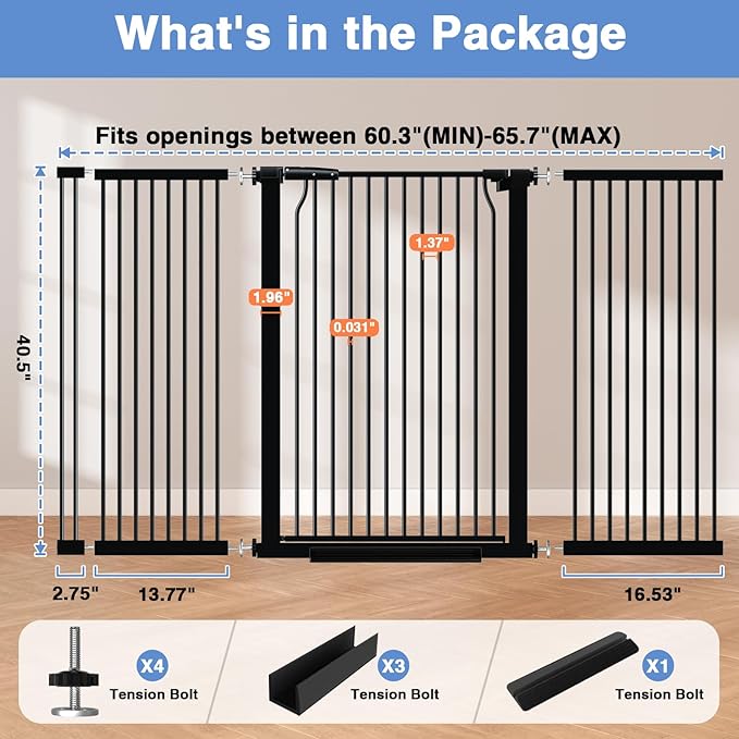 60.2"-65.7" Baby Gates Extra Wide, 40.5" Tall Dog Gate Indoor, Walk Through Pet Gates for Doorways Kitchen No Drilling Auto Close Pressure Mounted Safety Child Toddler Gate, Black