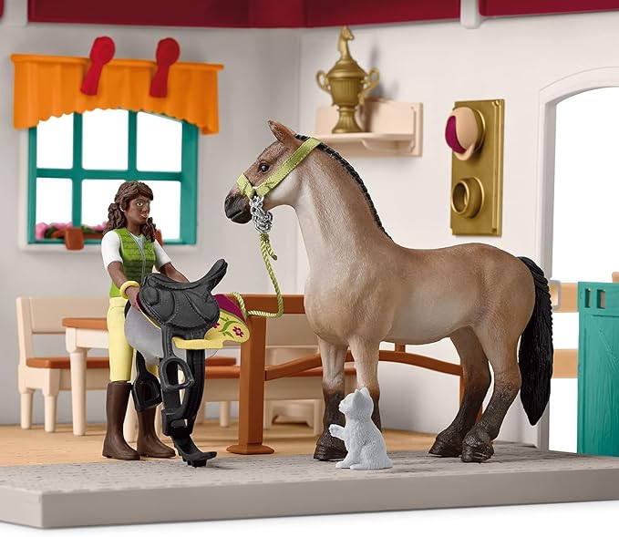 Schleich Horse Club - 85 PC Tack Room Stable Extension Toy Playset with Rider Sarah Action Figure, Horse Figurine and Accessories for Girls and Boys - Interactive, Realistic Kids Toys Ages 5+ | 42591