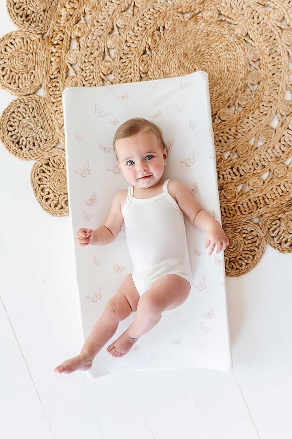 Ely’s & Co. Changing Pad Cover, Diaper Changing Table Sheets, 2 Pack, Cradle Sheet Set for Baby Girls, 100% Jersey Knit Cotton, 32”x16”x5” Pink Butterfly + Stripe Collection