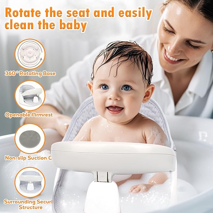 Swivel Baby Bath Seat, Openable Armrest and 360° Rotatable Baby Bath Seat for Babies 6 Months & up, Baby Bath Mat/Rinse Cup/Brush/Baby Shower Cap Included, White