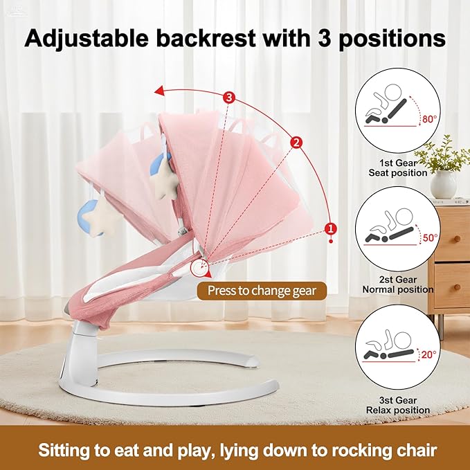 Baby Swing for Newborn to Toddler, 5 Speed Portable Infant Swing with Bluetooth Touch, Remote Control, 10 Lullabies, Timer, 5 Point Harness and Soft Fabric (Pink)