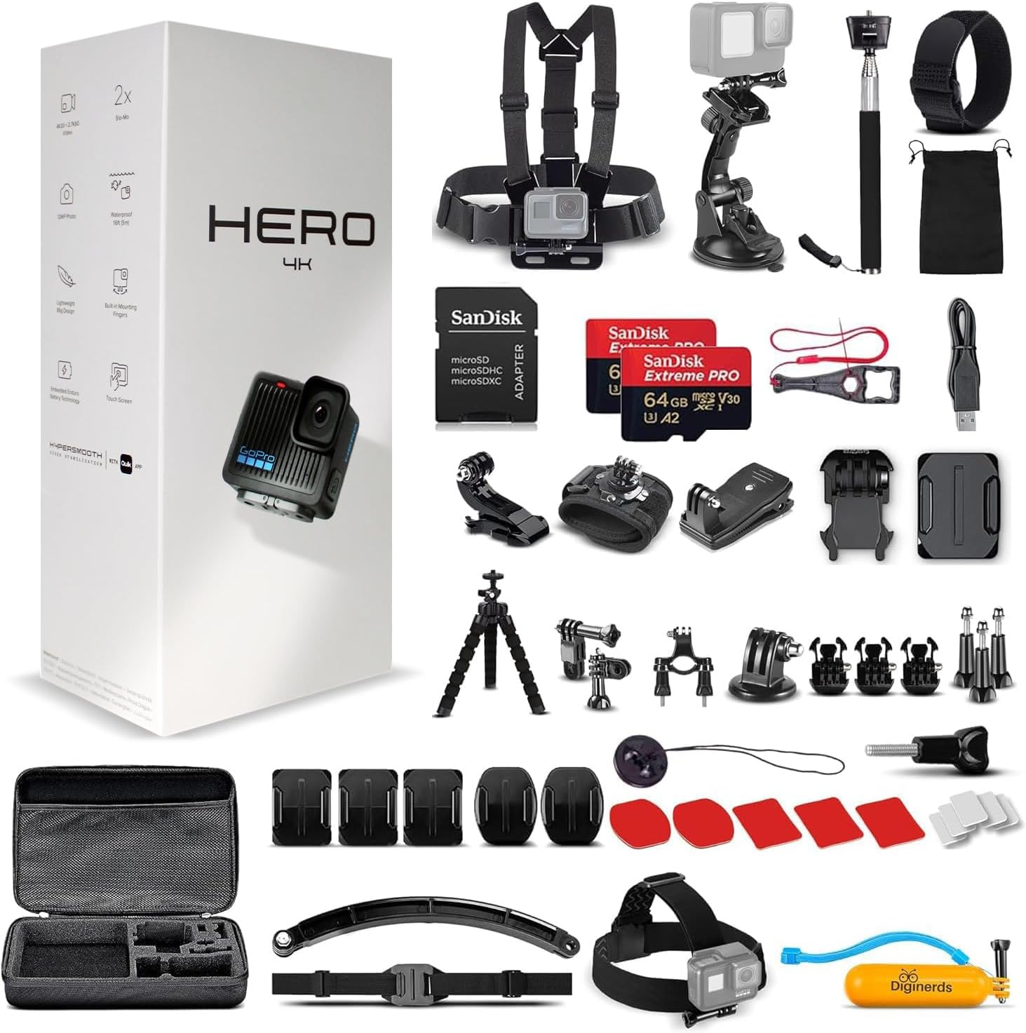 GoPro Hero (Go Pro Hero) Black Compact - Waterproof Action Camera with 4K Ultra HD Video, 12MP Photos + 50-in-1 Accessory Kit + 2 X 64GB Card + More