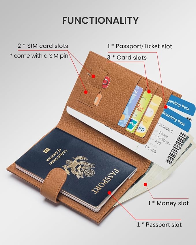 RFID Passport Holder Travel Wallet Compact for Women, Leather Passport Wallet with Card Holders,Zippered Coins Pocket and Cash Compartment, Brown