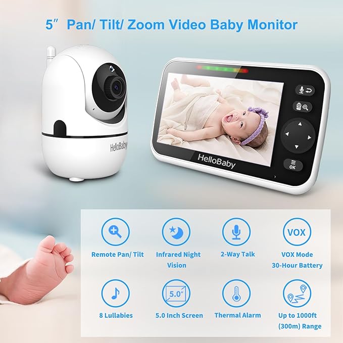 HelloBaby 5" Screen Baby Monitor with 4 Cameras - No WiFi HB6550 Video Baby Monitor, Pan-Tilt-Zoom, 26 Hour Battery, ECO, Night Vision, Temperature Sensor & 2-Way Audio, 8 Lullabies, 1000ft Long Range