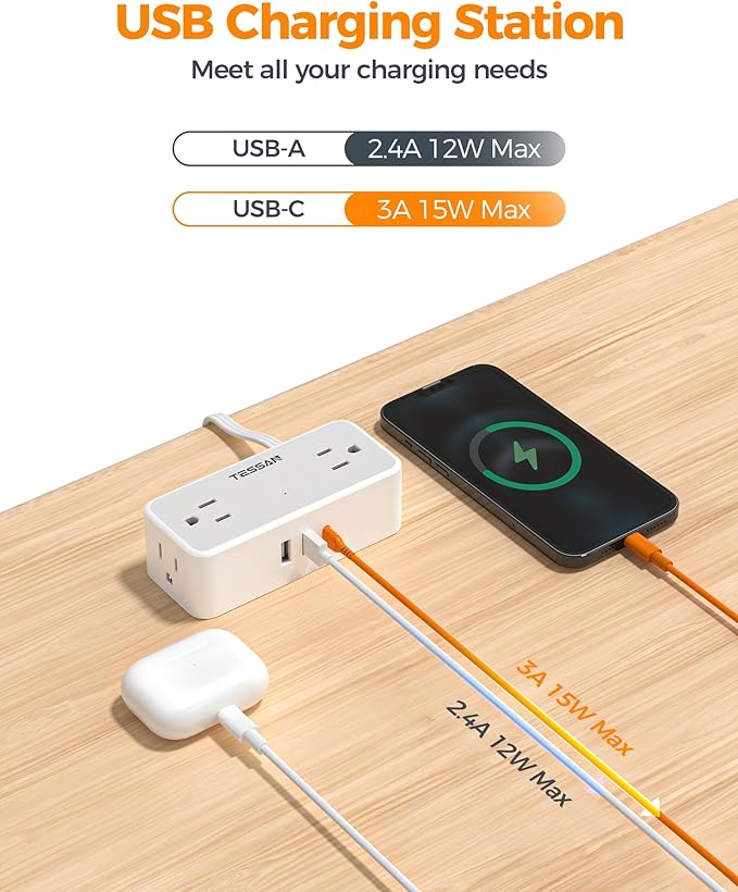 Flat Plug Extension Cord 5 FT, TESSAN Surge Protector Power Strip with 4 AC Outlets 1 USB C and 2 USB A Ports, 900 Joules Protection, Multiple Wall Outlet Extender Suitable for Home Office Dorm
