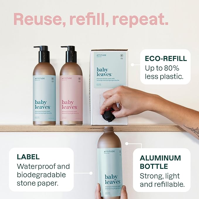 ATTITUDE 2-in-1 Shampoo and Body Wash for Baby, EWG Verified, Dermatologically Tested, Made with Naturally Derived Ingredients, Vegan, Good Night, Bulk Refill, 67.6 Fl Oz