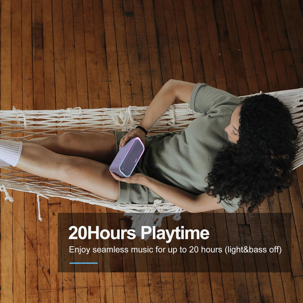 DOSS SoundBox Pro Bluetooth Speaker with 20W Stereo Sound, Active Extra Bass, IPX6 Waterproof, TWS Pairing, Multi-Colors Lights, 20H Playtime, Portable for Beach, Outdoor-Purple