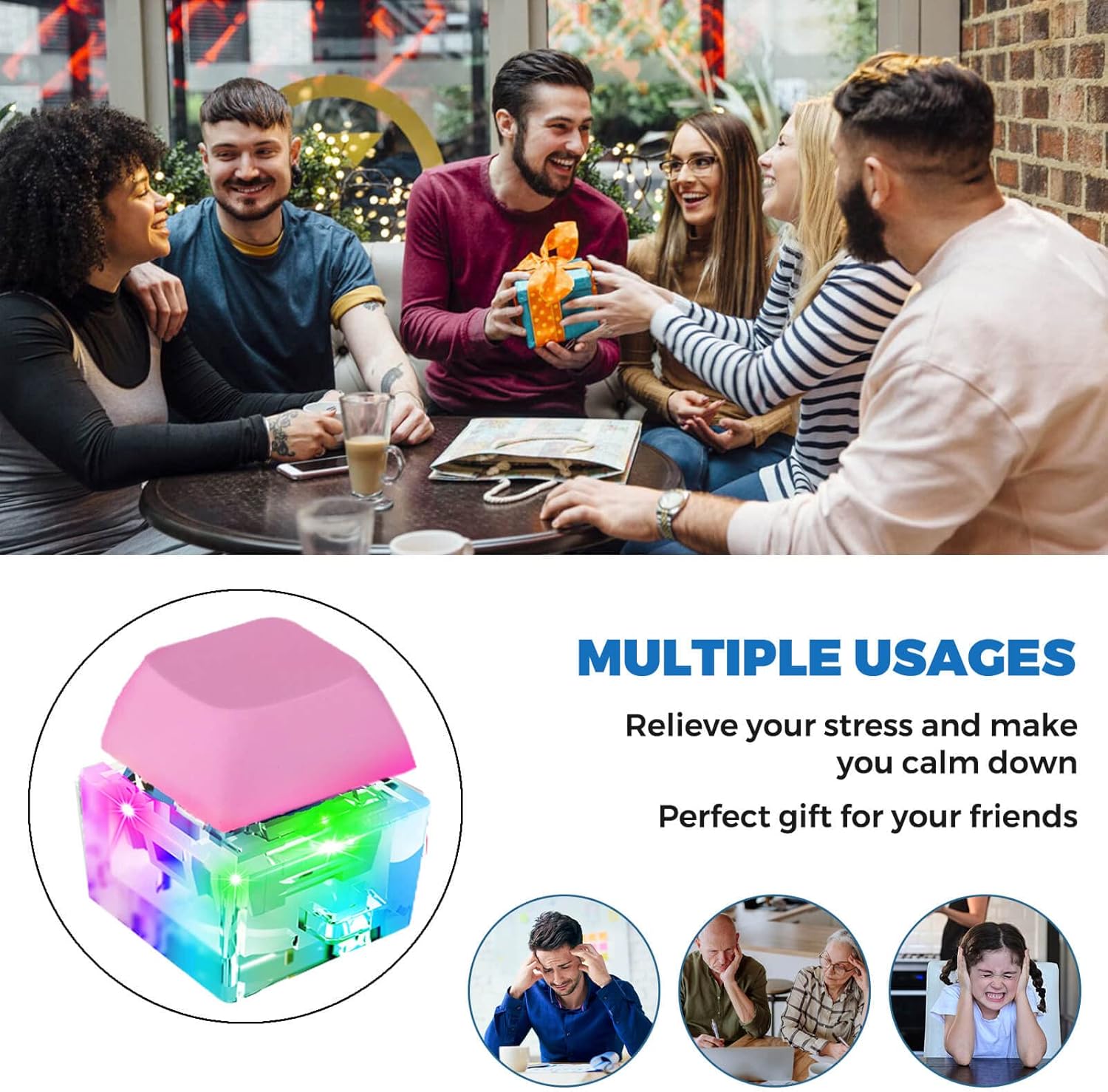 Keyboard Fidget Toys, Keyboard Fidget Keychain Keyboard Decompression Toys Keyboard Fidget Toy Button Stress Relief Gifts for Adult and Kids,Finger Clicker Toys,ADHD Toy,Cool Fidgets(LED Light-Pink)