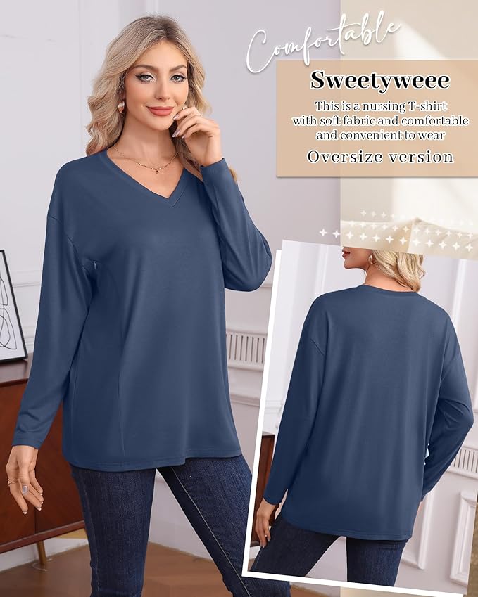 3 Pack Women's Oversize Nursing Shirts for Breastfeeding with Hidden Zippers Loose Fit Long Sleeve Maternity Tops