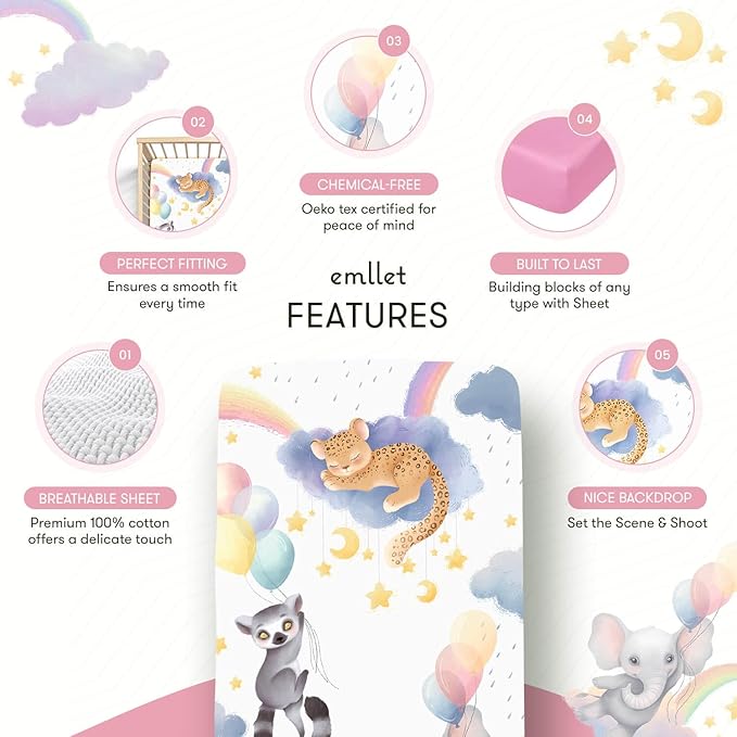 100% Cotton Fitted Crib Sheet, Rainbow Safari Animals Design, Sleepy Jaguar Elephant Lemur Pattern, Fits Standard 52 x 28 in Crib Mattress