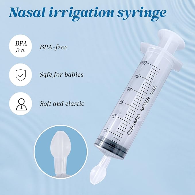Deepdeem Nasal Irrigator Syringe – Sinus & Allergy Relief with Gentle Nasal Irrigation for Congestion, Portable Home & Travel Use, Includes 10 Saline Flush Packets, BPA-Free & Easy to Clean 60ml