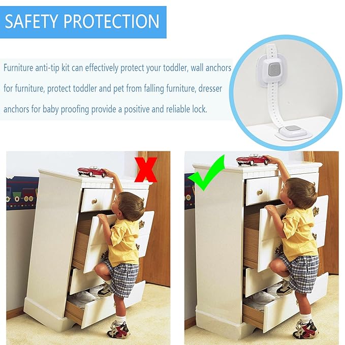 YEYA Upgraded No Drill Anti tip Furniture Wall Anchors Straps for Baby proofing with 3M Adhesive (4 Pack)