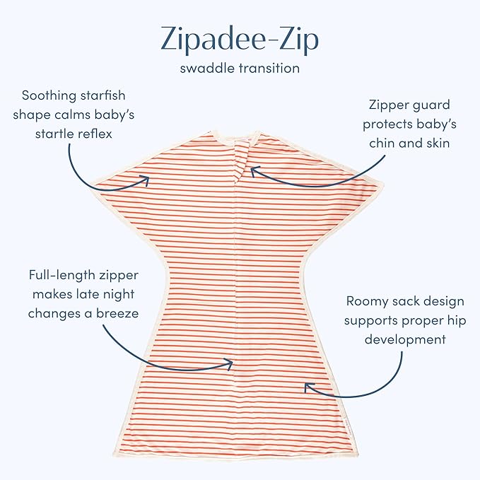 SleepingBaby Zipadee-Zip Transition Swaddle - Cozy Baby Swaddle Blanket with Zipper Convenience - Roomy Wearable Blanket for Easy Diaper Changes - Stripes Strawberry/Cream, Large (12-24 Month)
