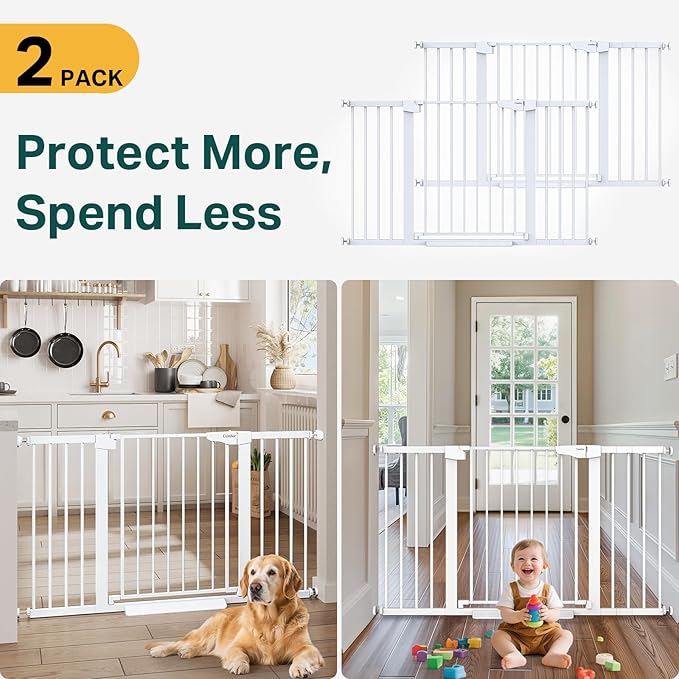 Cumbor 2 Pack 29.7-54.2" Baby Gate for Stairs, Mom's Choice Awards Winner-Auto Close Dog Gate for Doorways, Easy Install Pressure Mounted Pet Gate Indoor, Wide Safety Gate for Dog, White