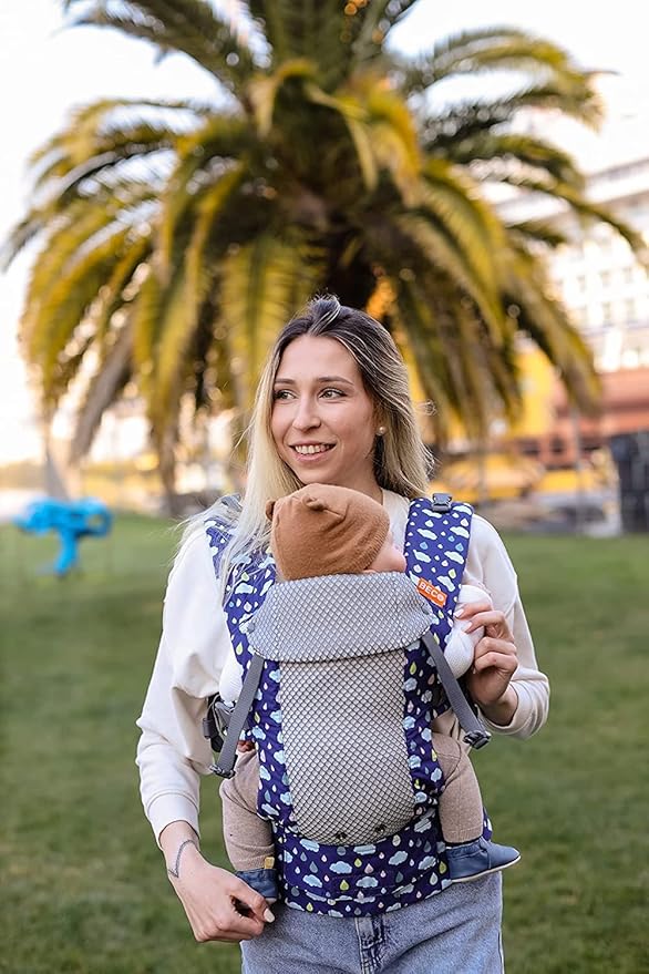 Beco Gemini Baby Carrier from Newborn to Toddler - Certified Ergonomic Newborn Baby Carrier for Infants and Children of 7-35 lbs - M Shape, Adjustable Seat, Breathable 3D Mesh (Cool Rain Drops)