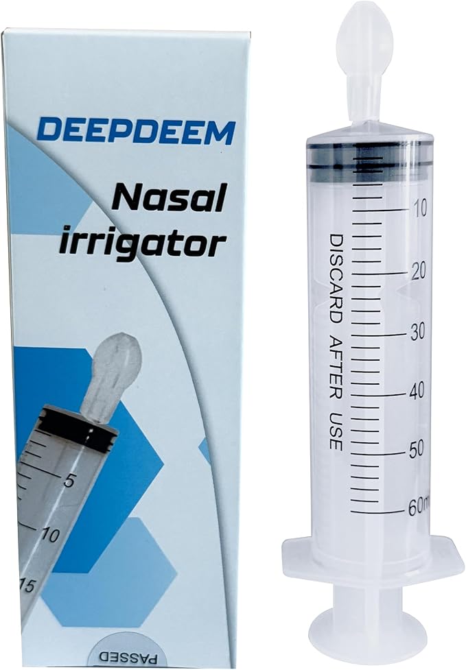 Deepdeem Nasal Irrigator Syringe – Sinus & Allergy Relief with Gentle Nasal Irrigation for Congestion, Portable Home & Travel Use, Includes 10 Saline Flush Packets, BPA-Free & Easy to Clean 60ml