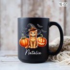 Custom Halloween Orange Tabby Coffee Cup, Personalized Name Orange Tabby with Pumpkins Ceramic Mug, Cat Witch Pumpkin Mug 11oz 15oz, Pet Cat Halloween Black Cup, Gift Idea for Pet Enthusiast