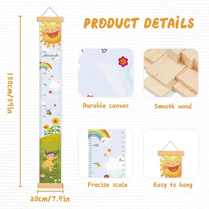 Personalized Name Height Chart for Kids, Sunflower Sun Meaningful Memories Through Kid Size Chart Measurement, Growth Chart Ruler for Wall, Fun & Stylish Height Tracker for Children