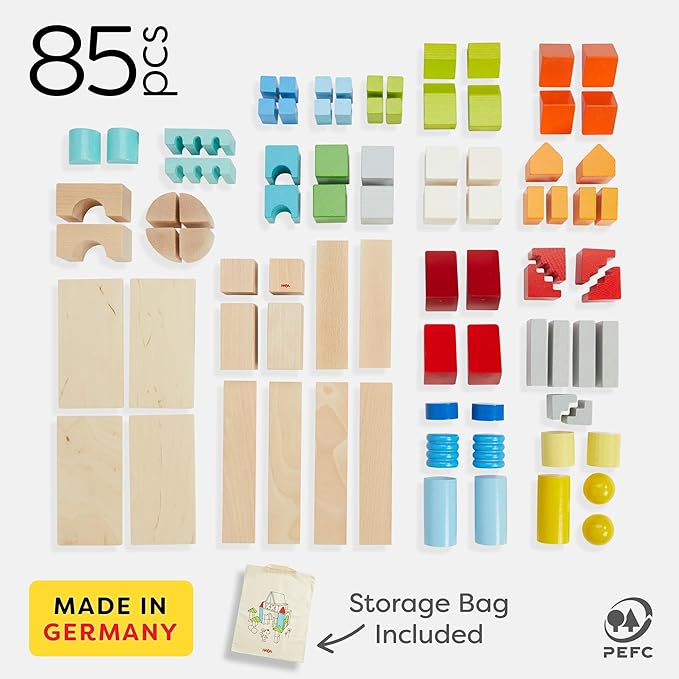 HABA Colored Wooden Building Blocks - Set of 85 Piece Set of Wooden Toys, Stacking Toys for Toddlers 1-3 Ideal Open Ended STEM Play (Made in Germany)