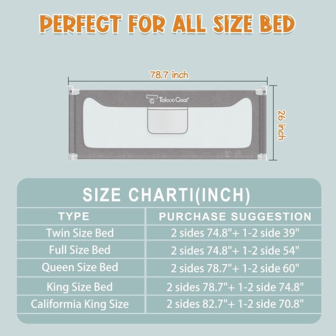 G TALECO GEAR Bed Rail for Toddlers, Stable Protective Bed Side Rails, Baby Bedrail Guard for Twin Full Queen & King Size Bed (78.7 Inch, 1 Piece)