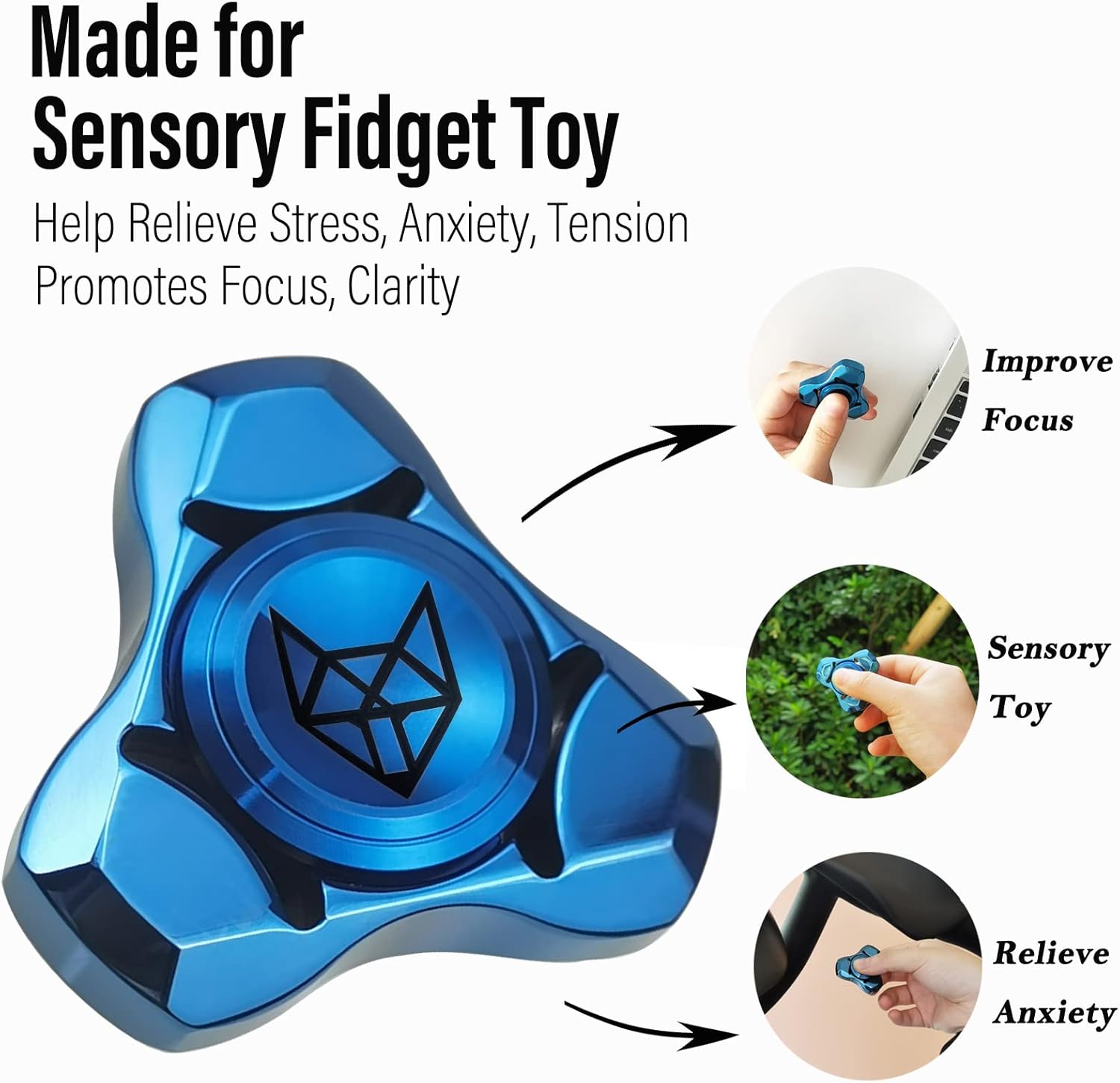 FREELOVE Metal Fidget Spinner, Stainless Steel Heavy, Long Spinning Toys, Cool Silent, Small Mini Fox Figette Spiner for Adults Men Anxiety, Quiet Bearing, Blue