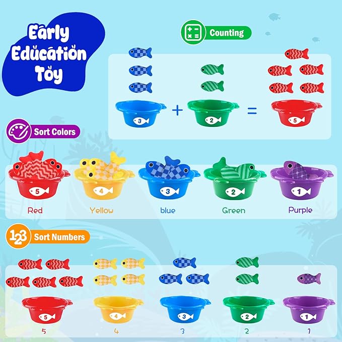 Montessori Fishing Game for Toddlers 1-3, Cloth Fishing Toys for Toddlers with Stacking Cups Educational Learning Toys - Number Counting, Color Sorting, Baby Sensory Toy for 6-12 Months, Baby Gifts