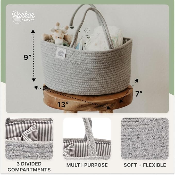 Parker Baby Rope Diaper Caddy Organizer - Nursery Storage Bin and Car Organizer for Diapers and Baby Wipes - Diaper Organizer for Baby Essentials, Baby Shower Gifts - Gray