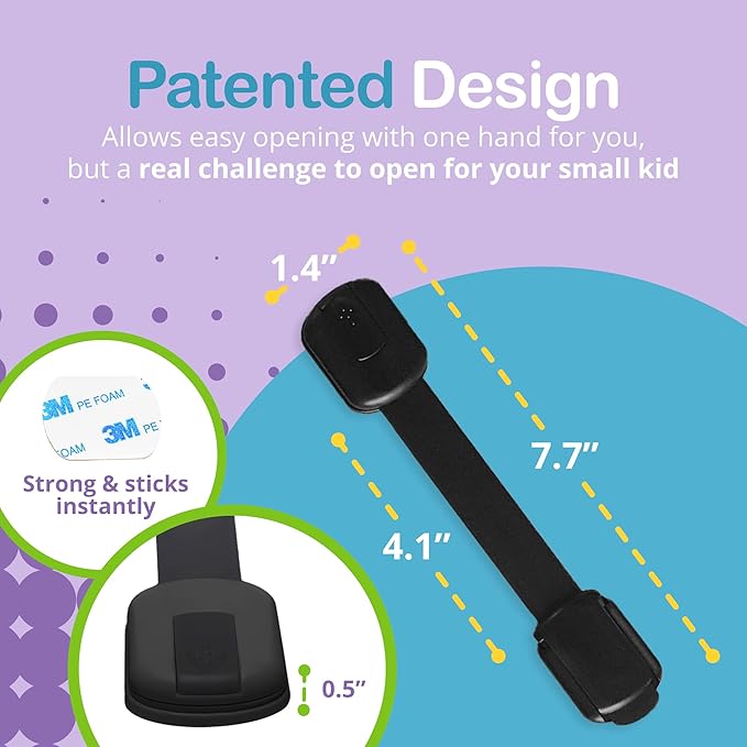 Adjustable & Reusable Child Safety Cabinet Locks & Latches, Baby Proofing Door Window, Cabinet, Toilet, & Refrigerator Lock, Child Safety Strap Locks with Adhesive Pads, Pack of 6, Black - Wonderkid