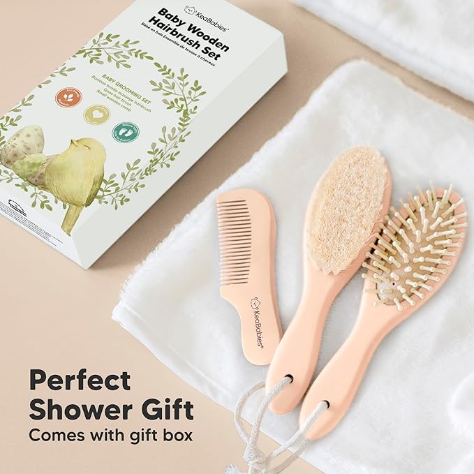 Baby Hair Brush and Comb Set for Newborn - Wooden Baby Hair Brush Set with Soft Goat Bristle, Baby Brush Set for Newborns, Baby Brush and Comb Set Girl, Boy, Toddler Cradle Cap Brush (Oval, Peach)