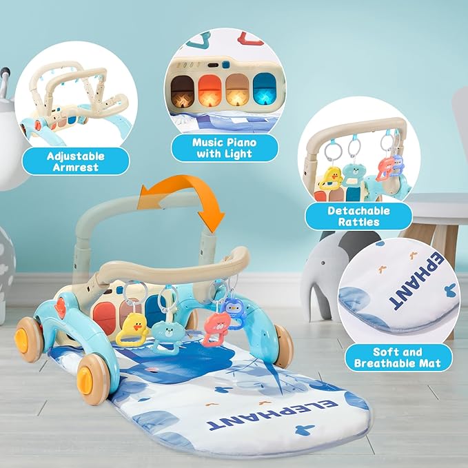 Baby Play Gym Walker Kick and Play Piano Gym for Boys Girls Play Mat Musical Tummy Time Mat Infant Christmas Newborn Gifts Toddlers (Elephant Upgraded)