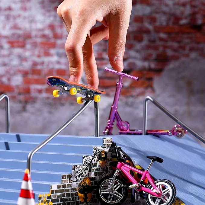 Skylety 31 Pieces Mini Finger Toys Set for Boy Girl Includes 6 Finger Skateboards, 4 Bikes, 2 Mini Scooters 4 Swing Board 8 Matched Wheels 7 Tool Accessories Educational Toy Party Favor(Fun)