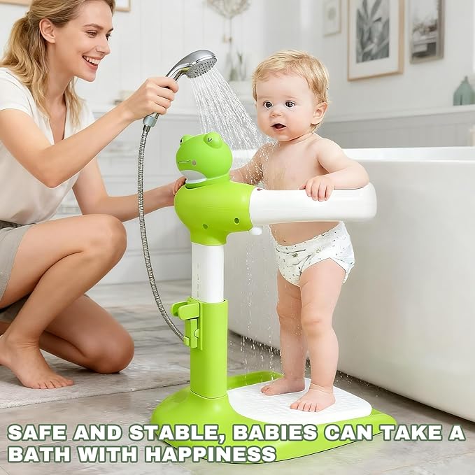 Baby Shower Stand Adjustable Toddler Shower Standing Support with Anti-Slip Base Infants Bath Support for 8-36 Months Portable Bath Helper (Frog)