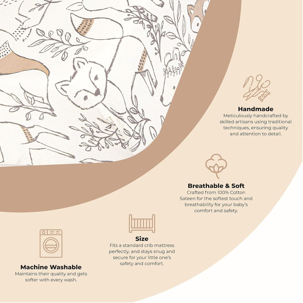 Crane Baby 100% Cotton Sateen Fitted Baby Sheets, Breathable, Fits 28X52 Standard Mattress, Gender Neutral Bedding, Woodland Animal Crib Sheet