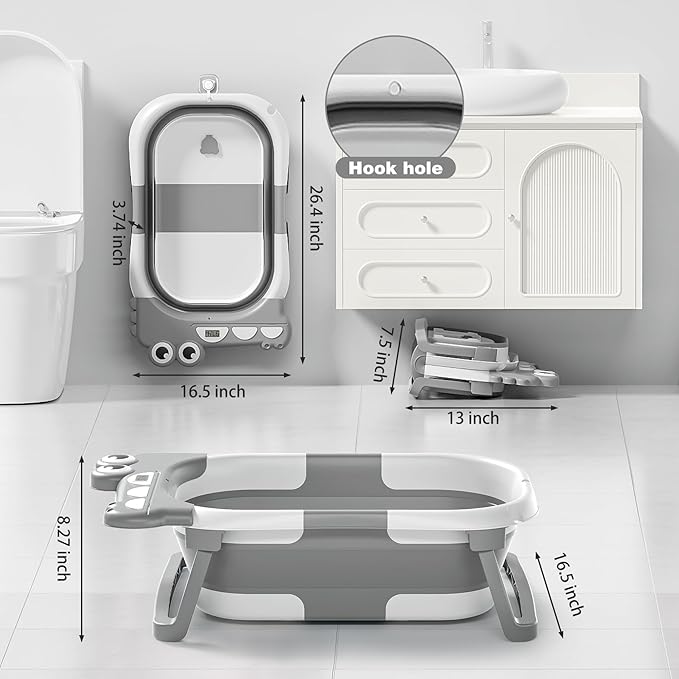 Collapsible Baby Bathtub for Newborn, Foldable Baby Bath Tub with Thermometer & Soft Floating Cushion & Drain Hole, Portable Travel Infant Bath Tubs for Newborns to Toddlers 0-36 Months Boys, Grey