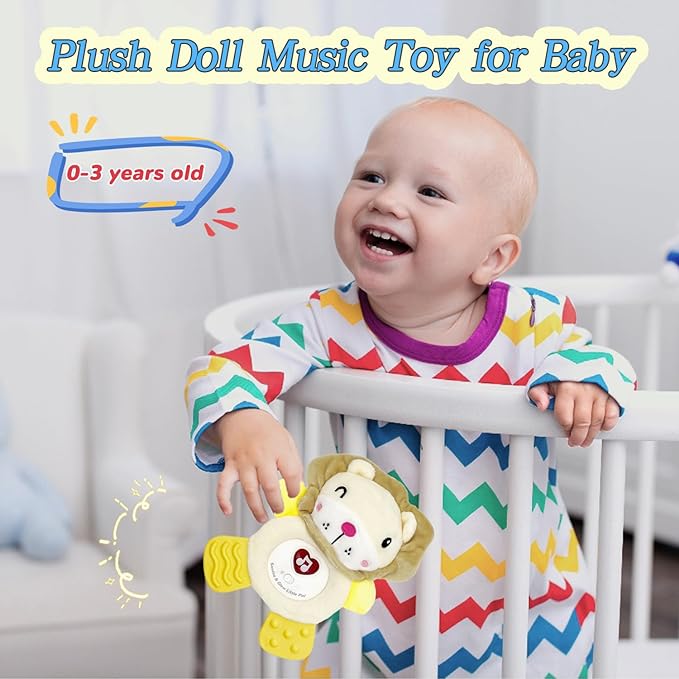 Baby Musical Activity Soft Toys with Sound & Light, Sensory Toys for Infant Developmental with Teether, Rattle and Textures, Soft Plush Toy for Newborn Gift 6 to 12 Months (Lion)
