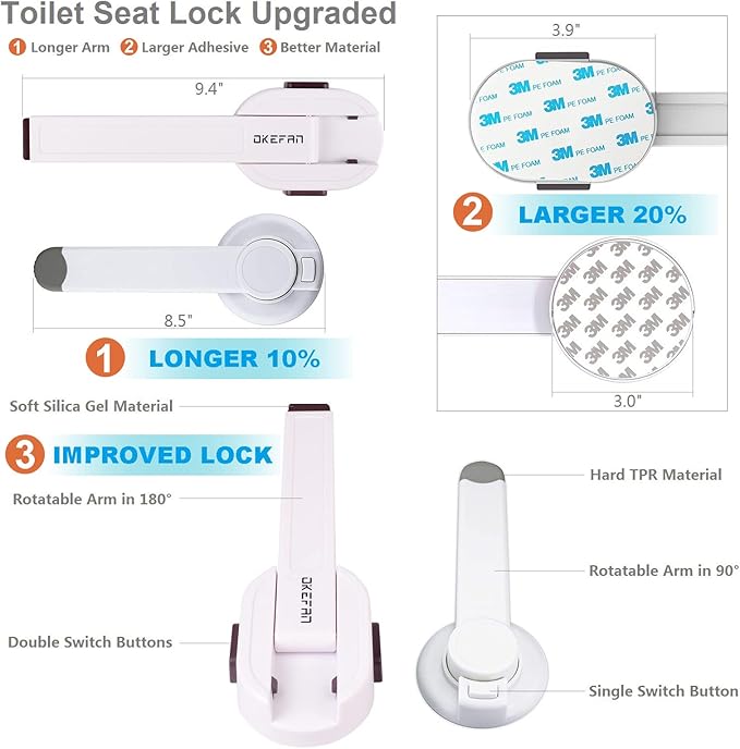 Toilet Locks Baby Proof - OKEFAN Toilet Seat Lock Child Safety for Toddlers Adhesive Kids Proofing Toilet Lid Lock Easy to Install No Drill Needed (2)