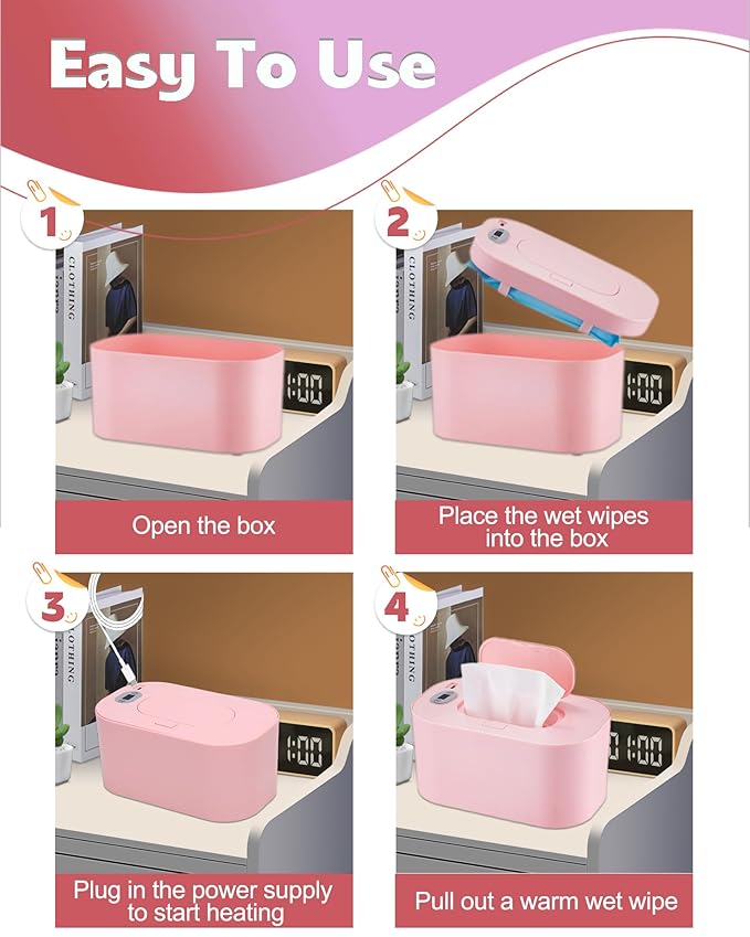 Baby Wipe Warmer, Portable USB Powered Baby Wet Wipes Dispenser Holder with Temperature Control, Paper Towel Heater for Home, Car, Travel (Roseate)
