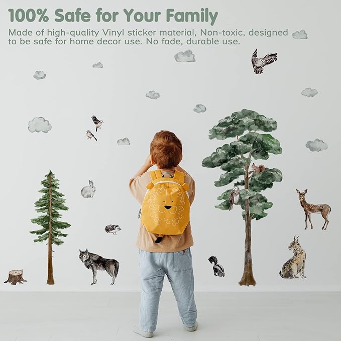Large Woodland Animal Creature Wall Decals Peel and Stick Vinyl 52in Forest Pine Tree Animal Wall Decals Watercolor Jungle Safari Animal Wall Stickers Decor for Nursery Kids Room Toddler Baby Bedroom