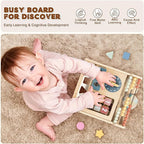 LOL-FUN Wooden Baby Walker with Double-Sided Busy Board, Push Walker for Baby with Adjustable Speed Wheels, Activity Learning Walker for Boys 6-12 Months