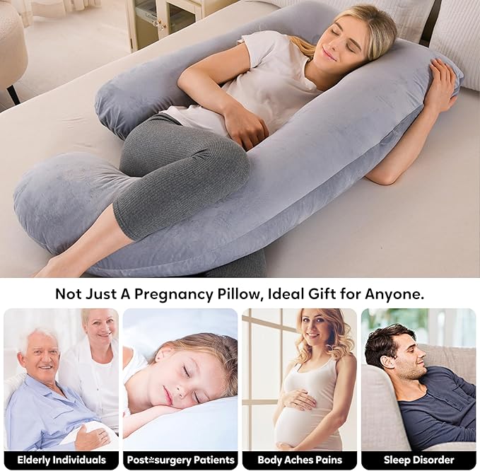 U-Shaped Pregnancy Pillow for Sleeping, Full Body Support for Back, HIPS & Belly -65 Inch Maternity Pillow with Machine Washable Cover | Maternity Essential (Velvet Grey-65inch)
