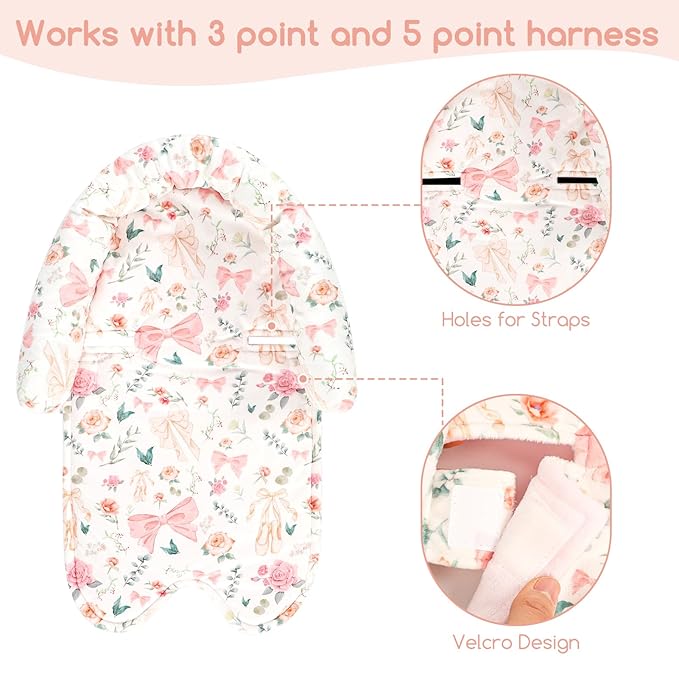 Baby Car Seat Head Support for Newborn, GFU 2 in 1 Infant Car Seat Head Body Support with Strap Pads, Soft Stroller Cushion Pillow Insert for Girls, Fits for Stroller, Swing, Pink Floral