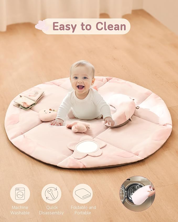 Fortella Baby Play Gym & Activity Mat, Tummy Time Mat w 5 Detachable Toys and Pillow, Large Sensory Playmat for Floor, Newborn Infant Baby Essentials Shower Gift 0-3-6-9-12 Months (Rose Pink)