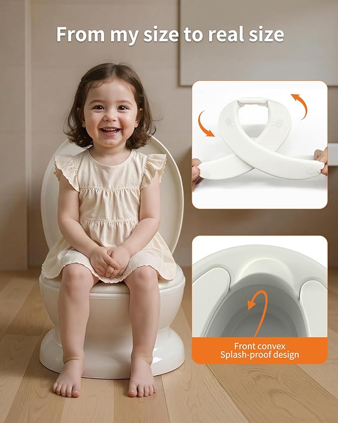 Realistic Potty Training Toilet - Flushing Sounds, Wipes Storage, Disposable Liners, Easy to Clean for Toddler Boys and Girls, Grey-White