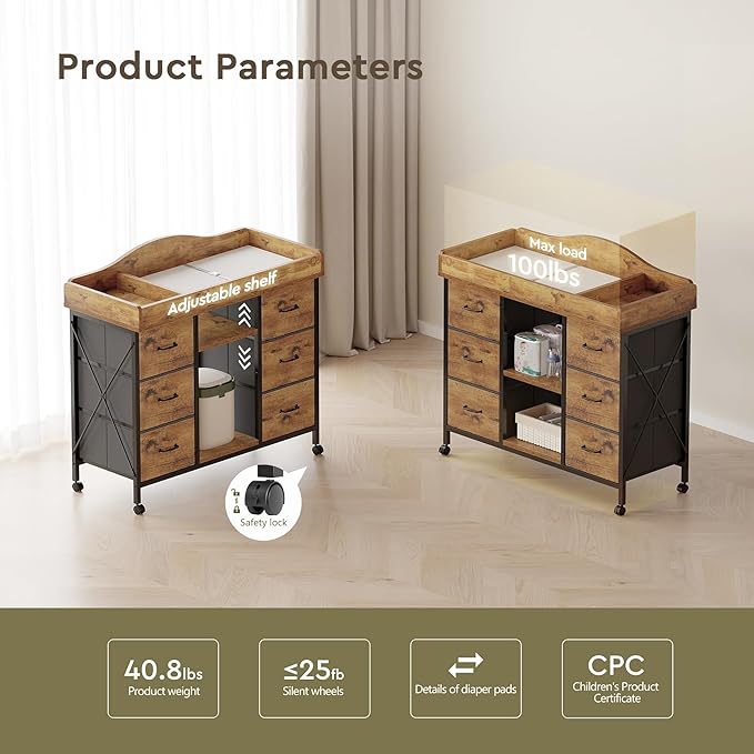 Changing Table, 6-Drawer Baby Dresser with Changing Table top,Waterproof Diaper Changing Station & Pad, 2 Height-Adjustable Open Storage Shelves, Mobile Nursery Organizer, Rustic Brown