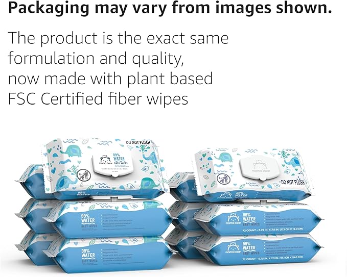 Amazon Brand - Mama Bear 99% Water Based Baby Wipes, Hypoallergenic for Sensitive Skin, Fragrance Free, 432 Count (6 Packs of 72)
