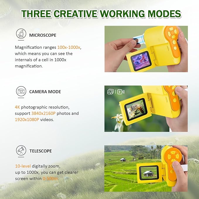 1000X Handheld Microscope for Kids, 4K 2.0" Screen Mini Pocket Microscope with 6 Adjustable LED Lights, Edu Science Birthday Gifts for Kids Ages 8-12, 32G SD Card Included - Yellow