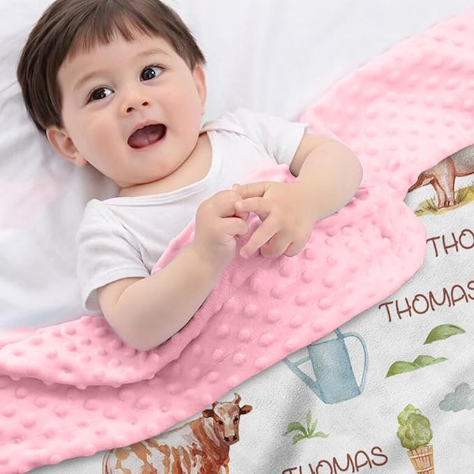 Personalized Baby Blankets for Boys Girls, Custom Name Farm Animals Pattern Baby Blanket, Soft Minky Dot Blanket for Newborns and Toddlers, Ideal for Baby Showers Christmas Brithday Gifts