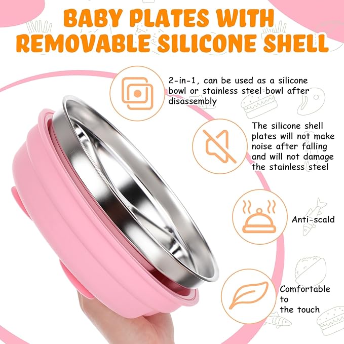 Nuogo 2 Pcs Stainless Steel Baby Suction Plates with Removable Silicone Shell 2-in-1 Metal Toddler Bowl Divided for Picky Eaters Kids Feeding Led Weaning Supplies, Dishwasher Safe (Purple,Pink)