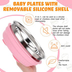 Nuogo 2 Pcs Stainless Steel Baby Suction Plates with Removable Silicone Shell 2-in-1 Metal Toddler Bowl Divided for Picky Eaters Kids Feeding Led Weaning Supplies, Dishwasher Safe (Purple,Pink)